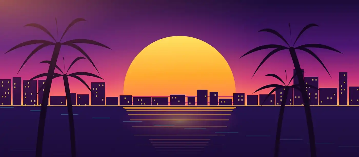 Pôr do sol sobre o mar com palmeiras e prédios